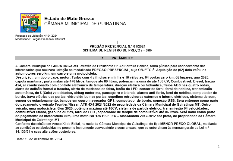 PREGÃO PRESENCIAL N.º 01/2024  SISTEMA DE REGISTRO DE PREÇOS - SRP.